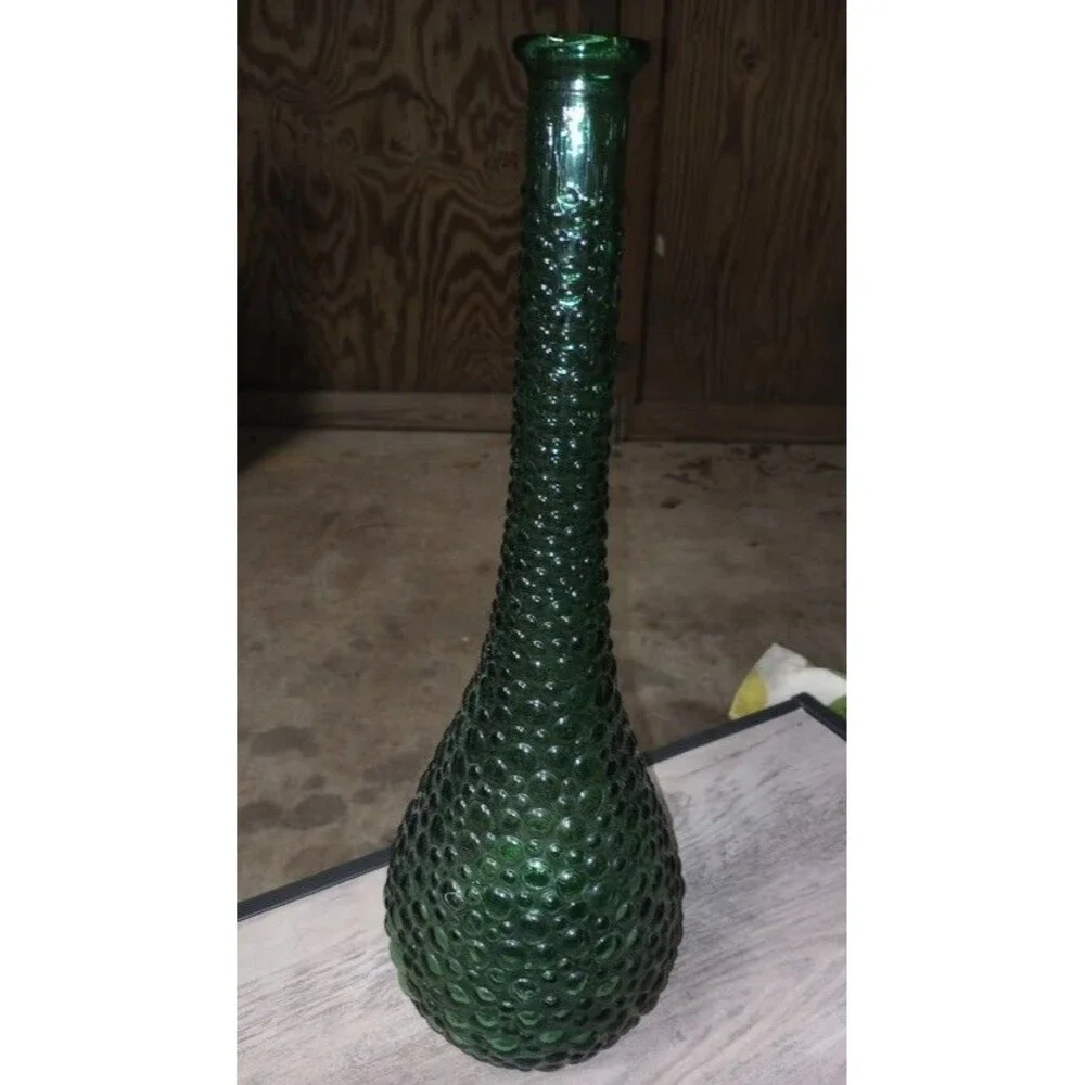 Vintage 1950s Midcentury Empoli Bubble Hobnail Green Glass Bottle Vase 15.5
